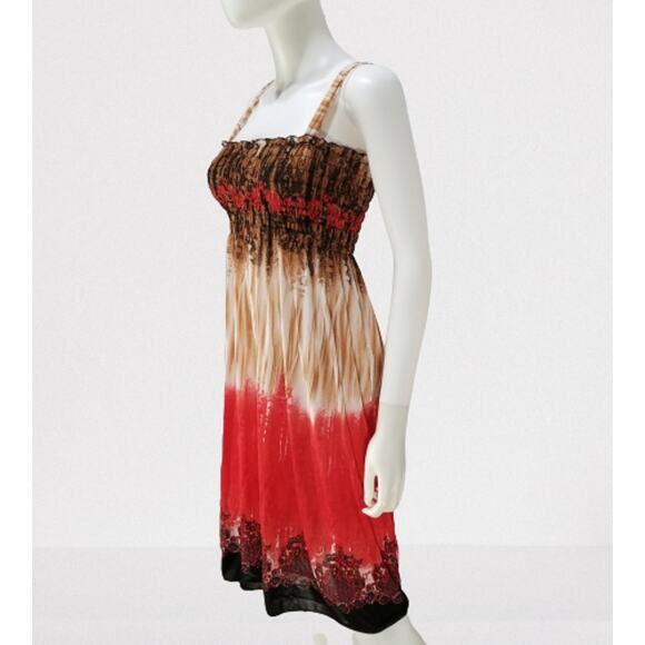 Romantic Sini Woman's Brown & Red Abstract Floral Sun Dress Size: Medium, New - Picture 3 of 8